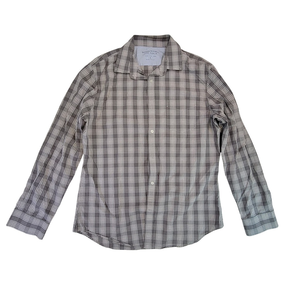 Banana Republic Luxe Poplin Grant Slim Fit Plaid‎ Button Down Shirt Men L